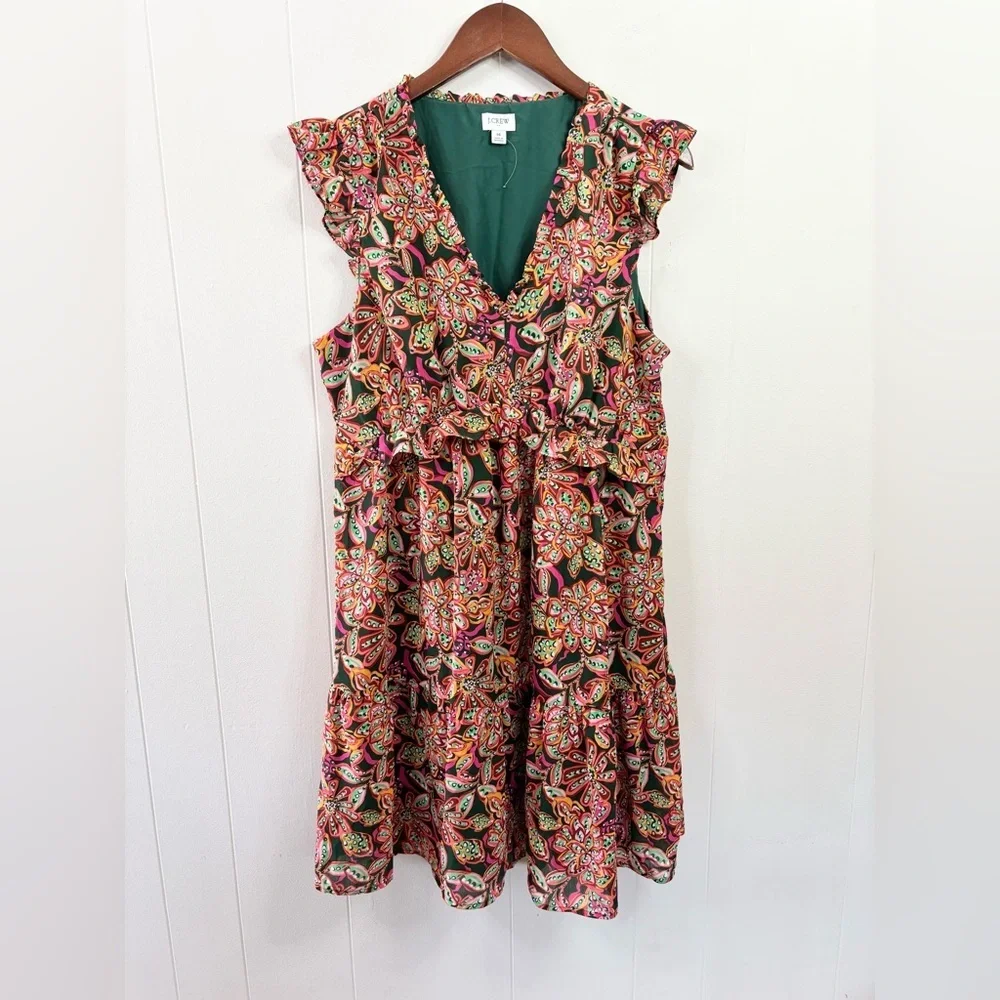 J.Crew Floral Paisley Mini Dress Ruffle Flutter Sleeve Tiered 14 Boho Tropical